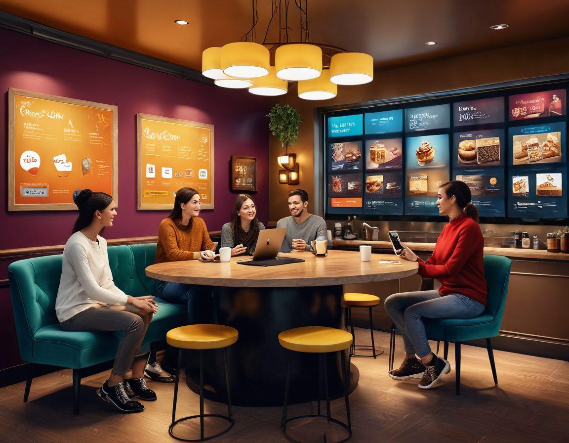An inviting scene depicting a diverse group of happy members interacting with a digital interface showcasing exclusive deals and rewards. Include symbols like discounts, loyalty cards, and a vibrant dashboard overflowing with offers. The backdrop should be a cozy café setting that exudes warmth and community, filled with subtle hints of luxury. super-realistic. vibrant colors. cozy atmosphere.